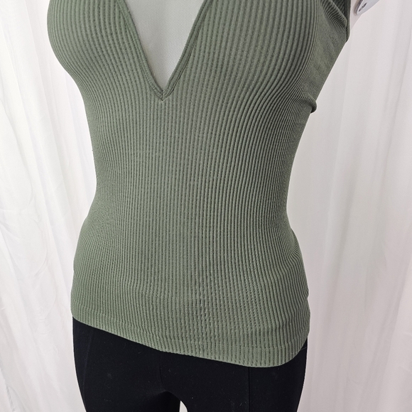 Intimately Free People stretch sage green tank ribbed mesh v-neck line XS/Small - Picture 3 of 6